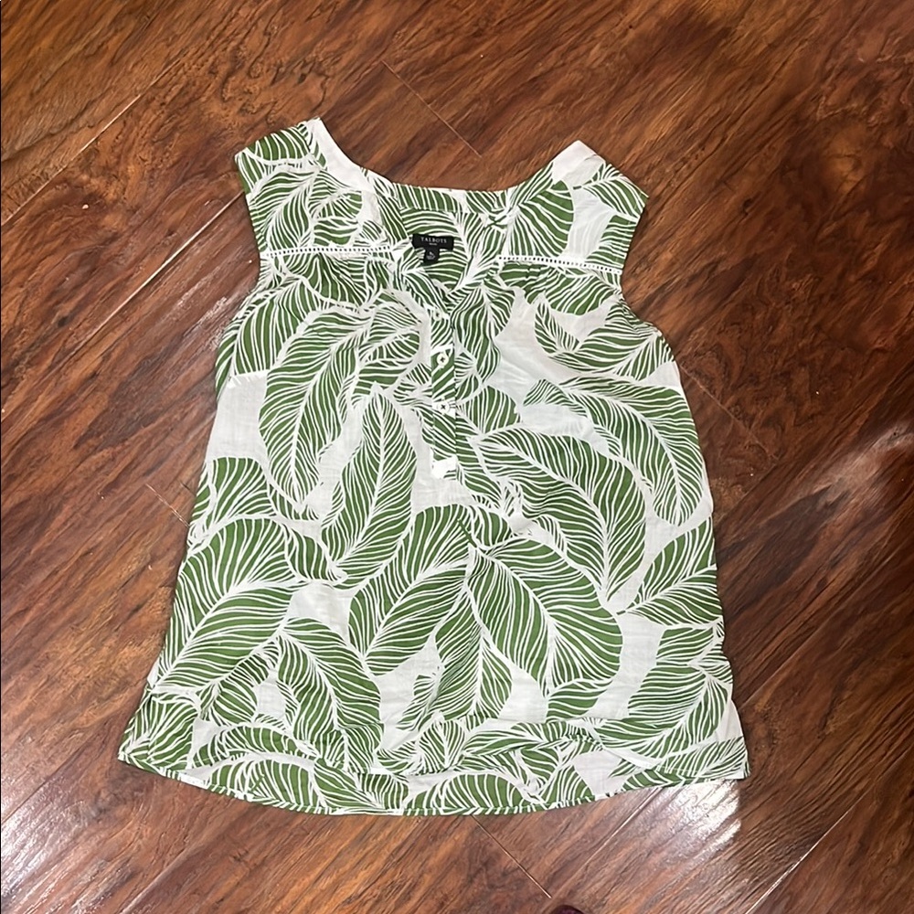 Talbots bundle Green and White Leaf Blouse with Ruffle Neck and tan top.